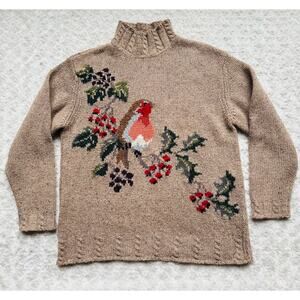 Talbots Womens Wool Blend Mock Turtleneck Robin Bird Tan Vintage Sweater Medium